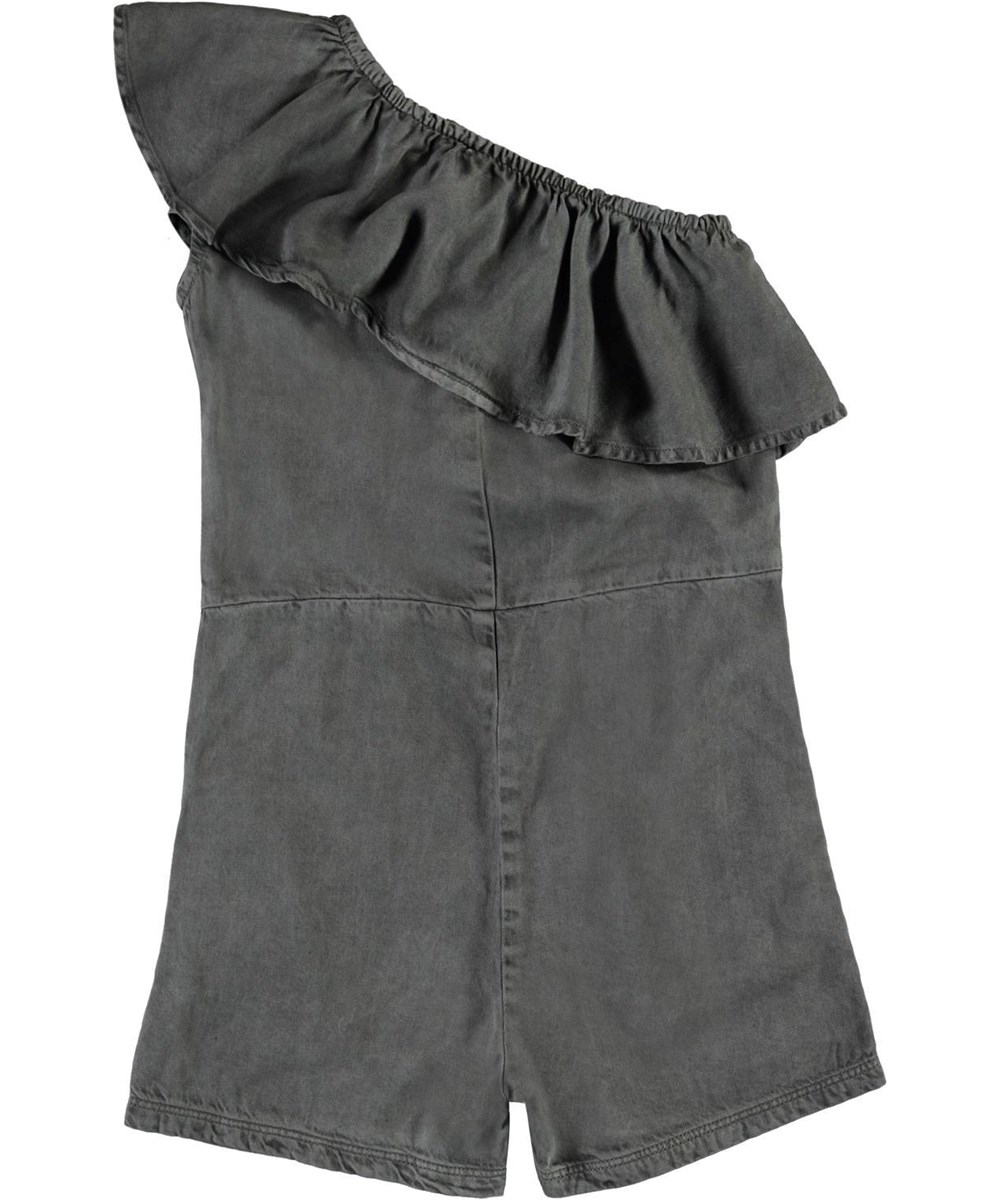 Amira - Grey Pearl - Grauer Hosenanzug mit schrägen Rüschenkanten