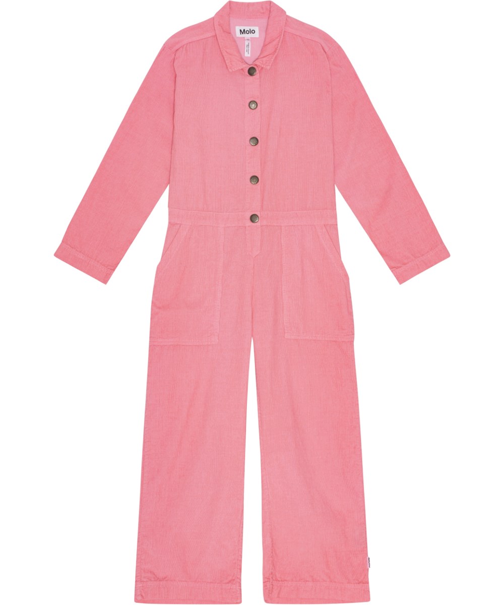 Angie - Flamingo Plume - Korallenroter Cord-Overall mit weiten Beinen und großen Taschen.