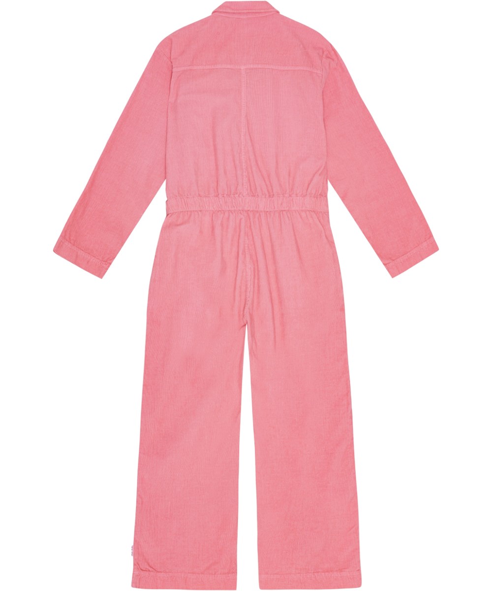 Angie - Flamingo Plume - Korallenroter Cord-Overall mit weiten Beinen und großen Taschen.