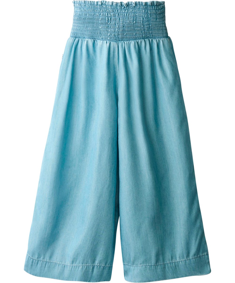 Ania - Washed - Blaue Viskosehosen für Kinder mit gesmoktem Gummizug in der Taille