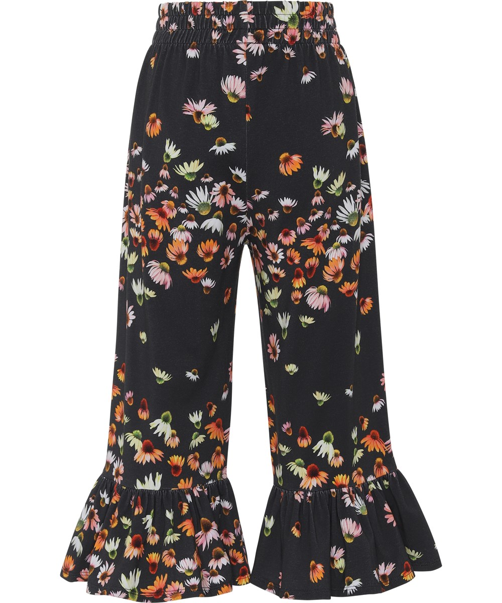 Anis - Echinacea - Schwarze Öko-Culotte-Hose mit Blumendruck