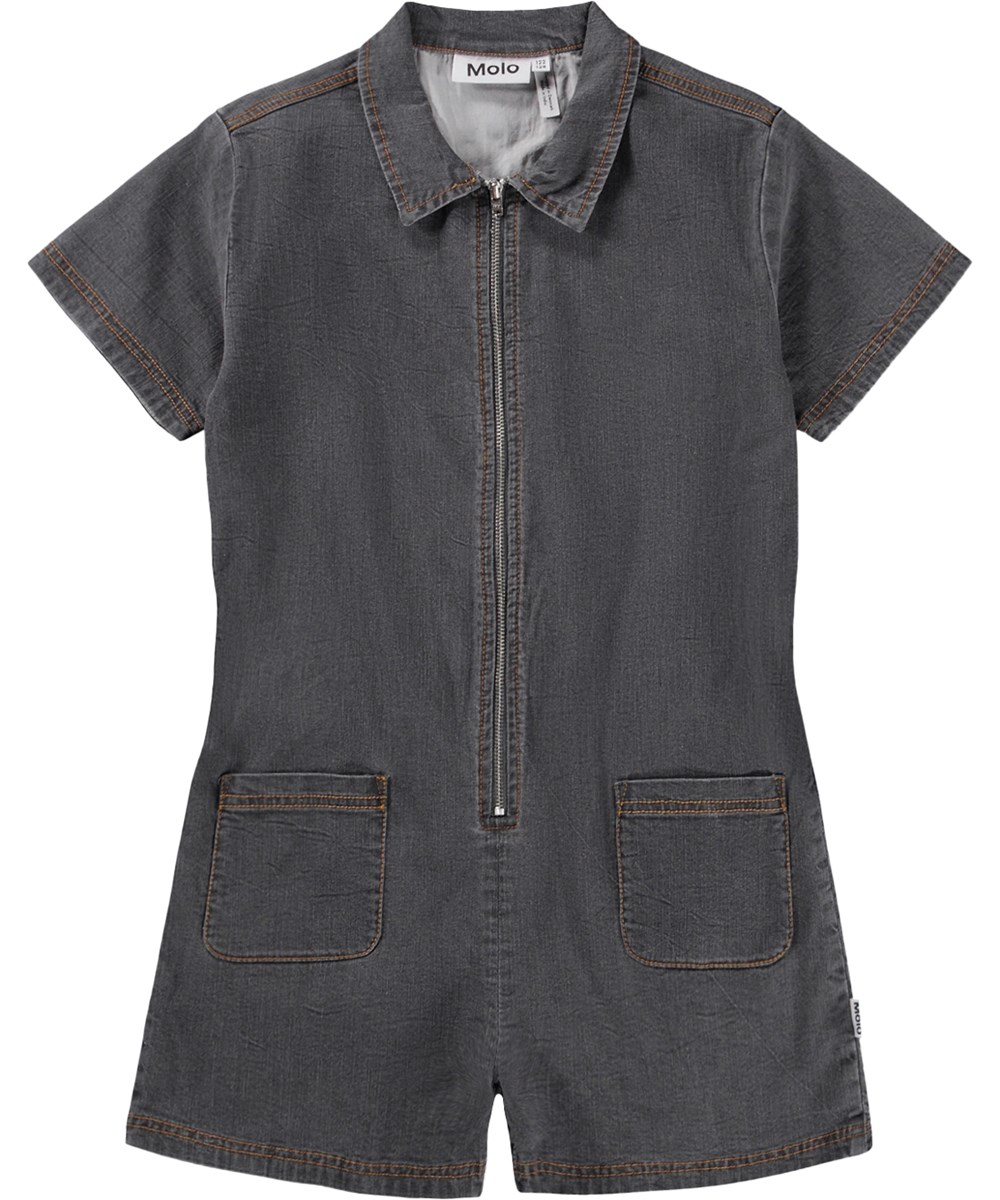 Ann - Washed Grey - Grauer kurzärmeliger Baumwoll-Overall für Kinder