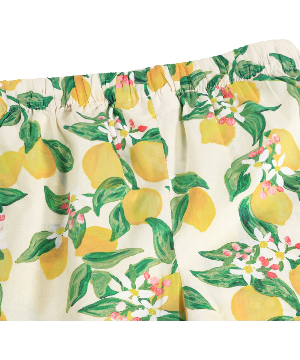 Aretha - Citrus - Gelbe, lockere Hosen für Kinder aus Bio-Baumwolle mit Zitrusfrüchte-Print.