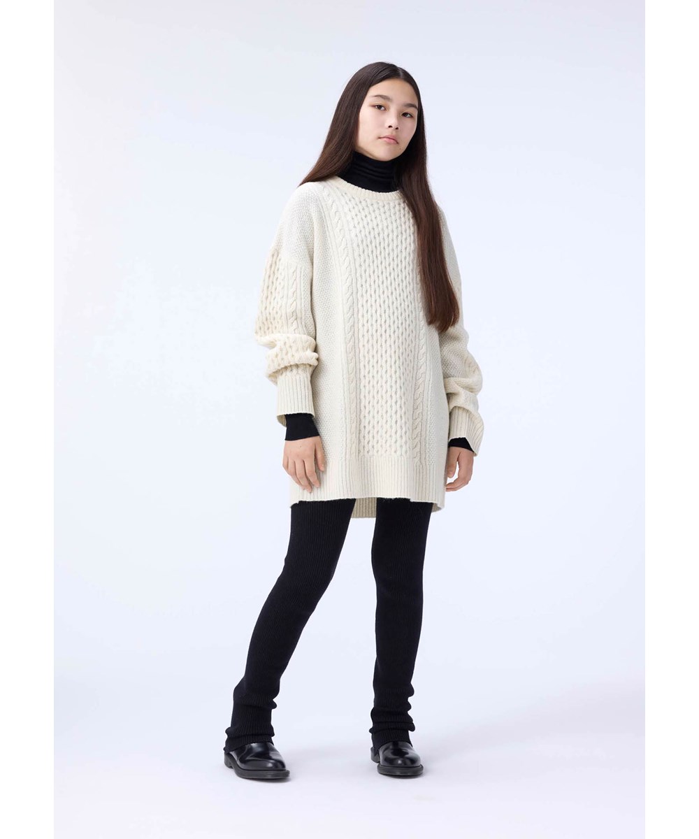 Aria - Black - Schwarze lange Rippstrick-Leggings für Kinder aus einer Wolle- und Baumwollmischung.