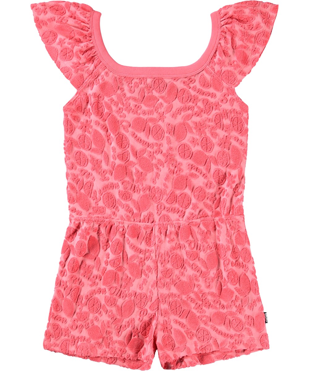 Avery - Lemon Quotes - Rosa Overall für Kinder mit einem Muster aus Zitrusfrüchten aus Baumwollfrottee.