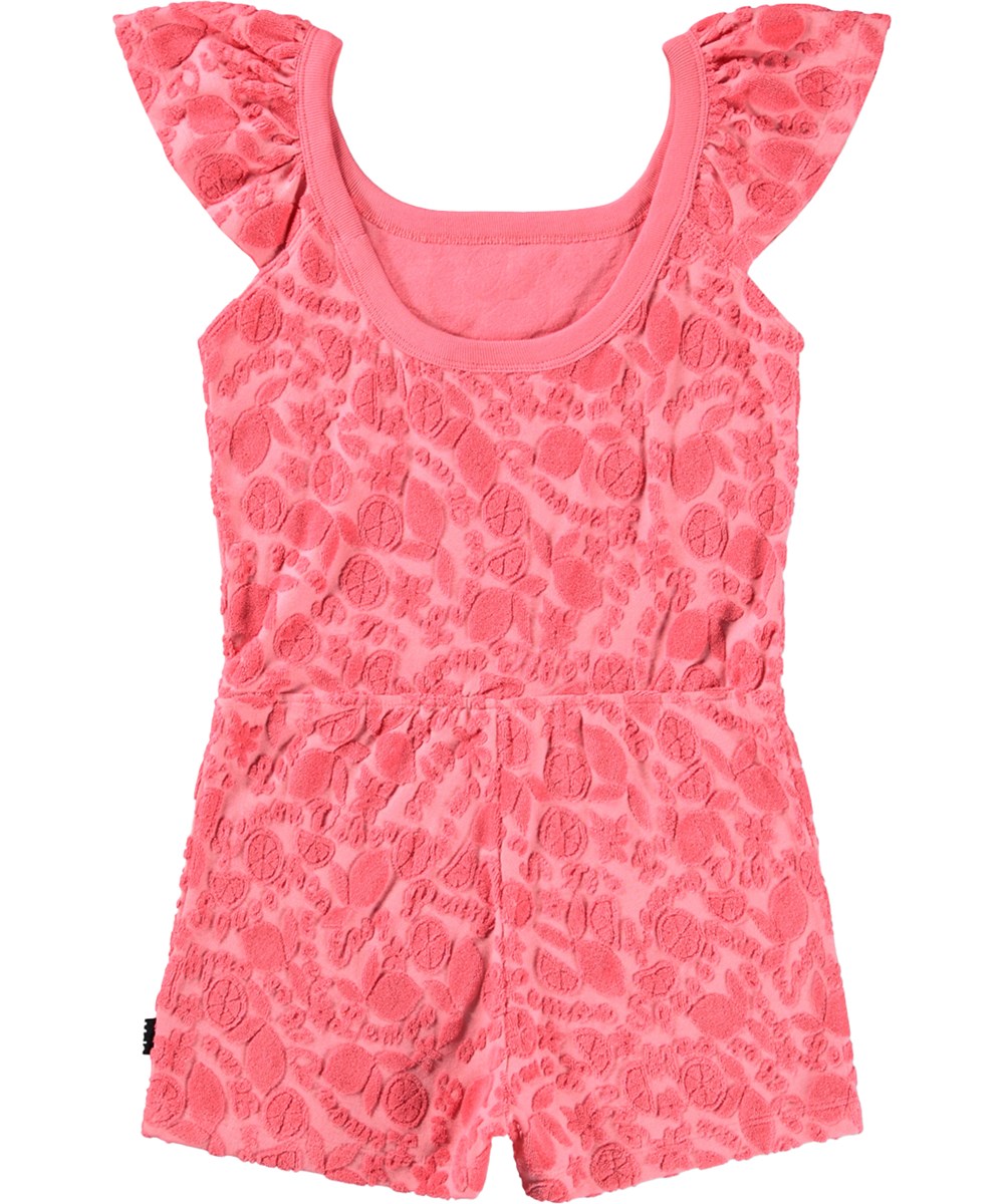 Avery - Lemon Quotes - Rosa Overall für Kinder mit einem Muster aus Zitrusfrüchten aus Baumwollfrottee.