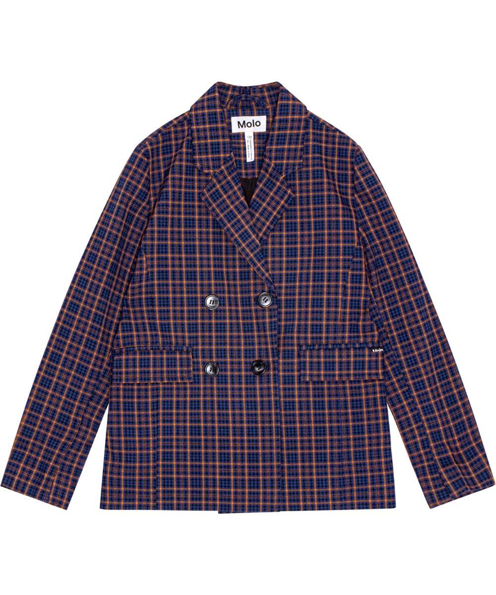 Hawa - Bluebrown Check - Stilvolle braune und blaue karierte Blazerjacke mit regulärer Passform.