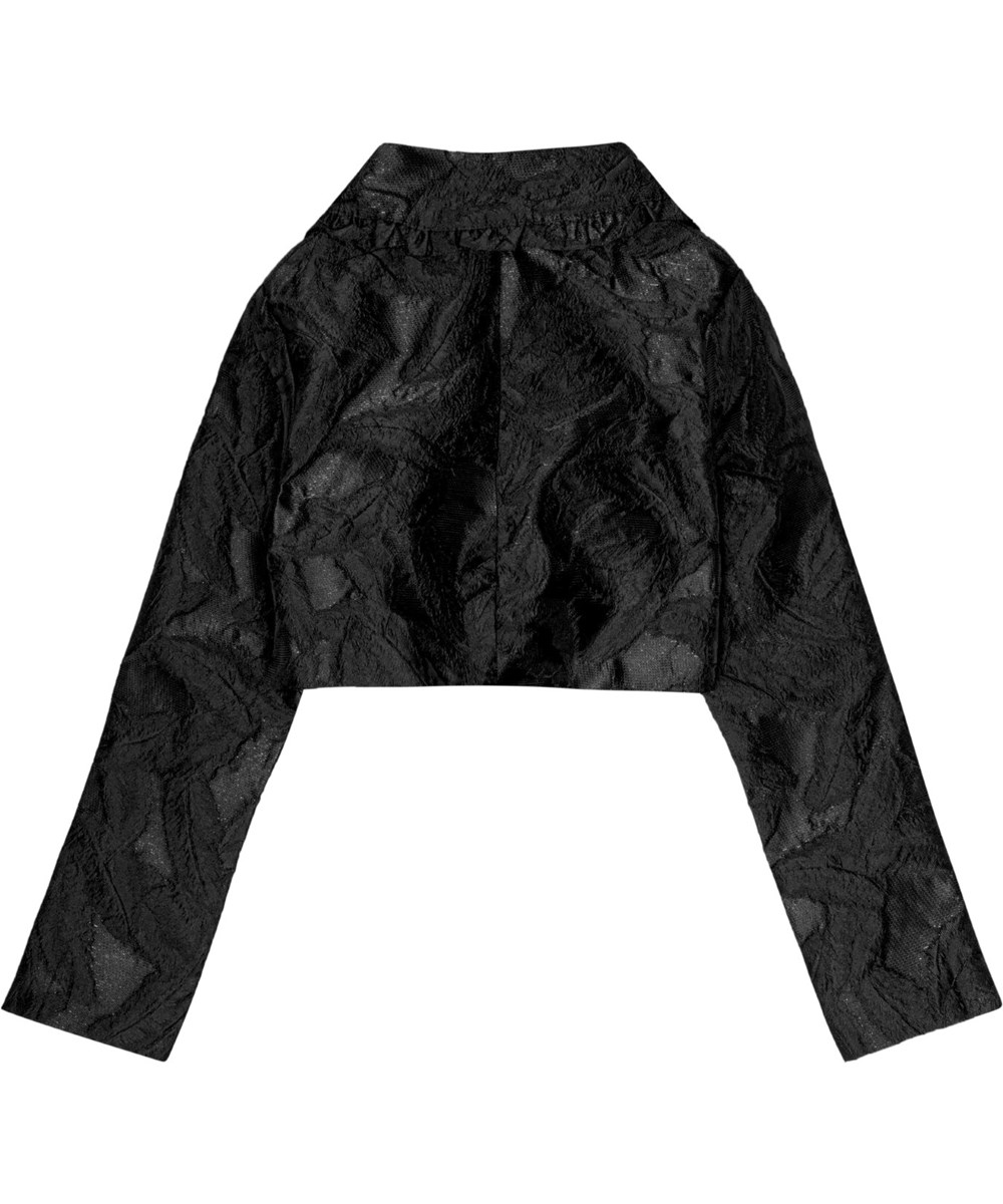 Helenka - Black - Elegante schwarze Jacquard-Bolerojacke mit gerafftem Kragen und zartem Blättermuster.