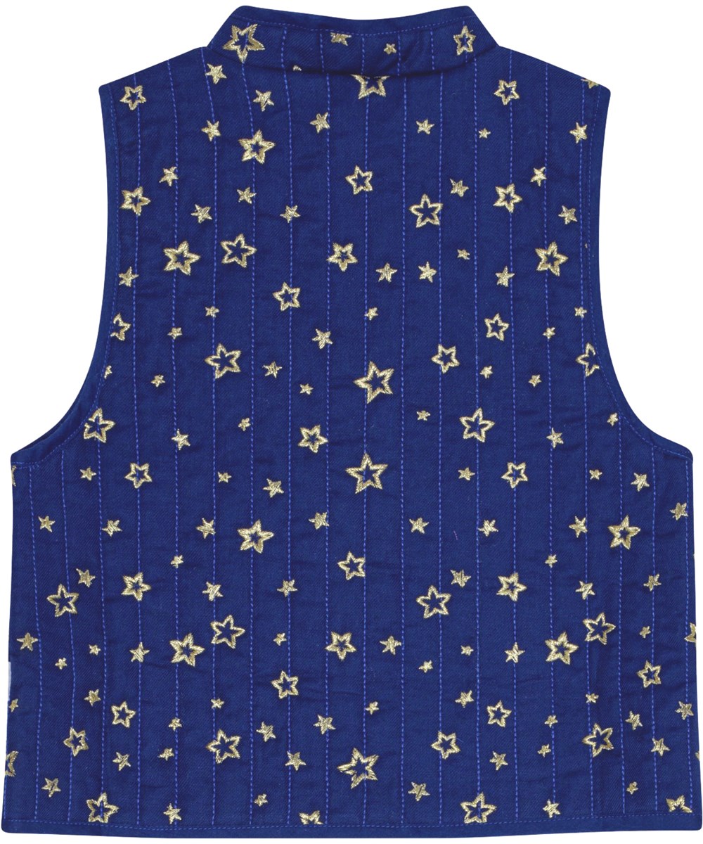 Helga - Shiny Stars - Exklusive dunkelblaue gesteppte Baumwollweste mit Mandarin-Kragen und goldener Sternstickerei.