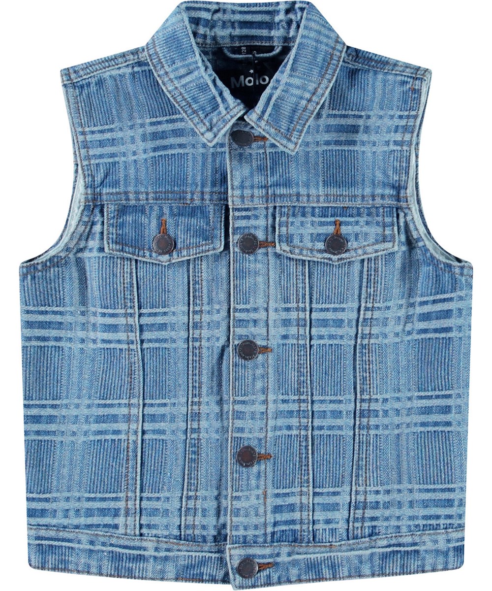 Hertha - Washed Check - Blaue Jeansweste für Kinder aus Baumwolle mit Brusttaschen.