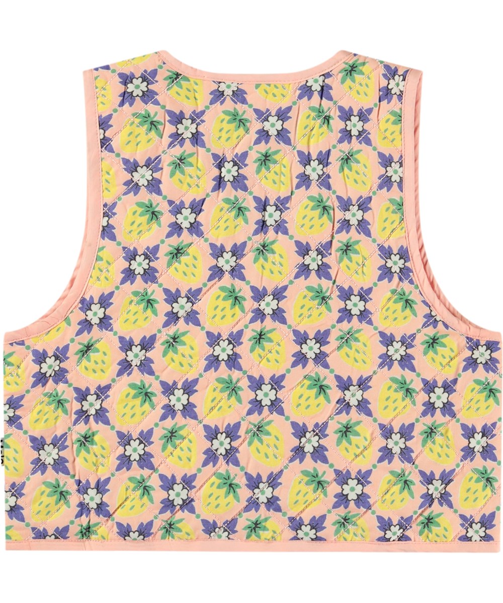 Hilma - Vintage Berries - Leicht orange Weste für Kinder aus gesteppter Baumwolle mit kleinen paspelierten Taschen.