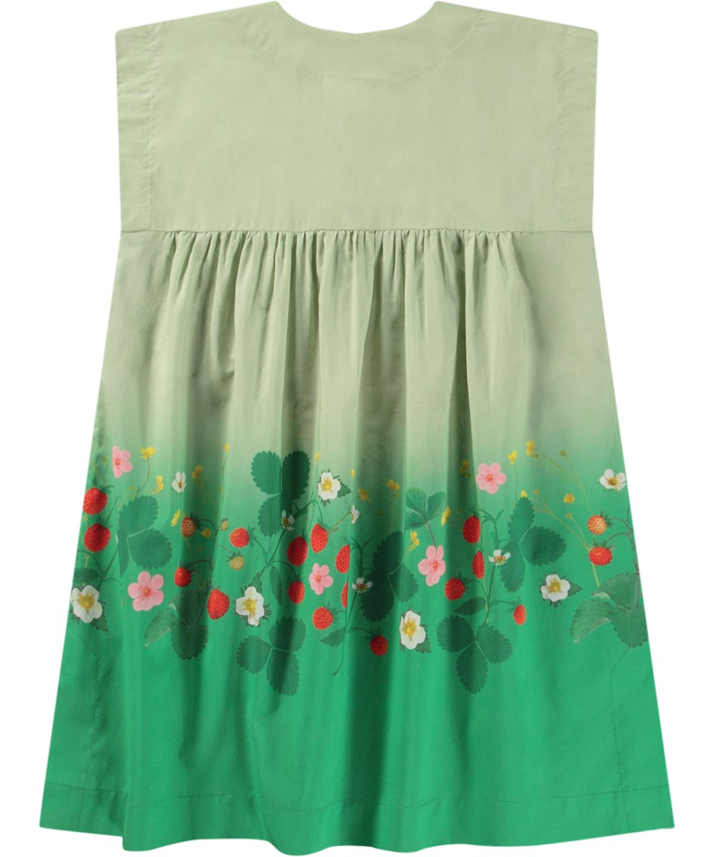 Cajla - Beauty - Hellgrünes und dunkelgrünes lockeres Kleid für Kinder aus Öko-Baumwolle mit breiten Trägern und einem V-Ausschnitt.