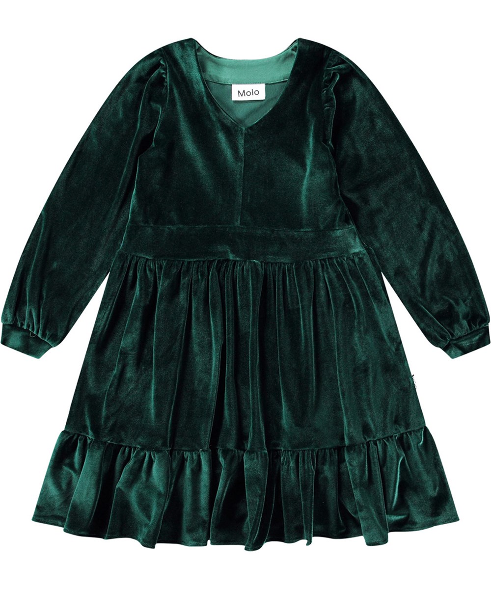 Calanthe - Aventurine - Flaschengrünes Samtkleid mit V-Ausschnitt und gerafftem Rock.