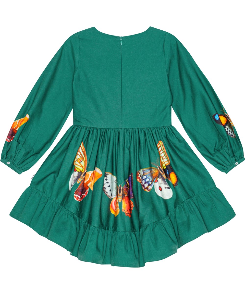 Calissa - Curiosum - Grünes Baumwollkleid mit Rundhalsausschnitt, langen Ärmeln und Schmetterlingsmuster.