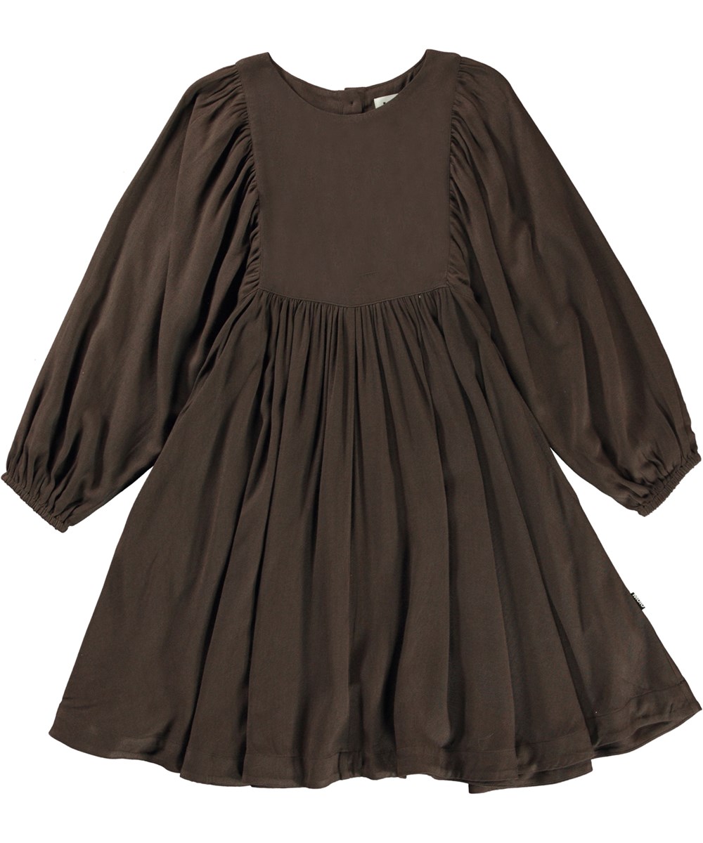 Caly - Deep Oak - Dunkelbraunes Kleid mit großen Ärmeln