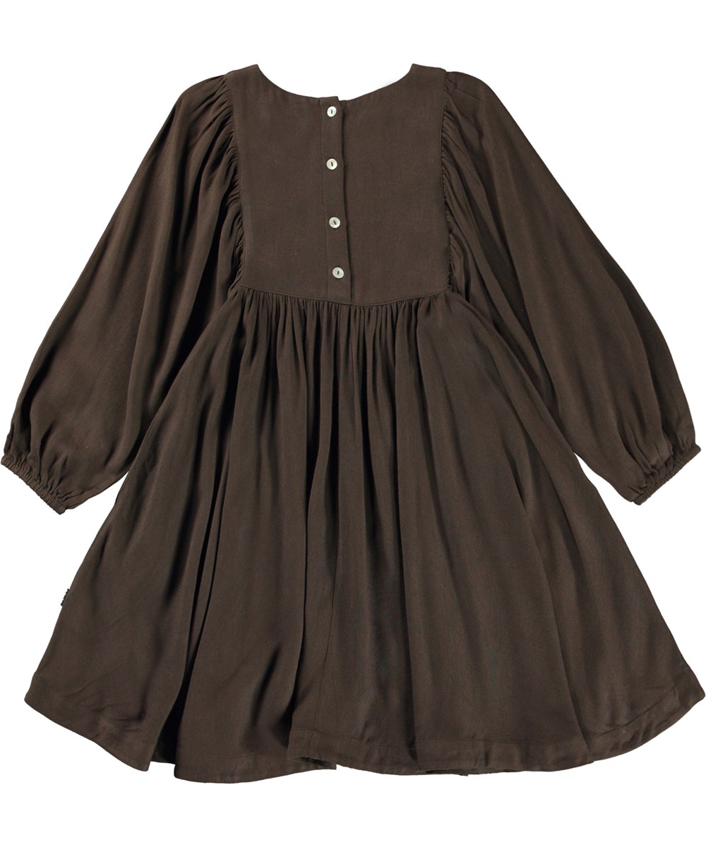 Caly - Deep Oak - Dunkelbraunes Kleid mit großen Ärmeln