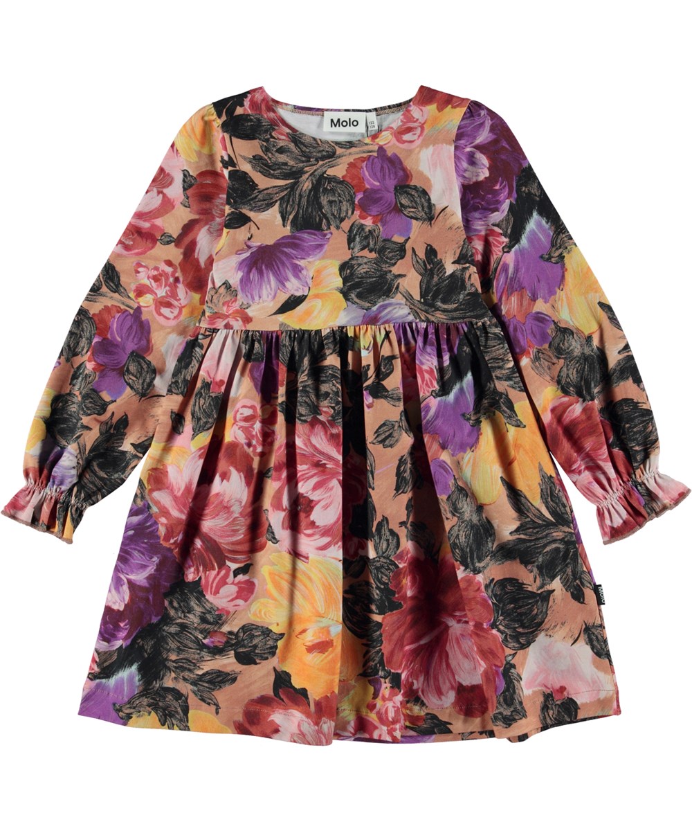 Camie - Artist Flowers - Knielanges Öko-Kleid in Rosa und Lila mit durchgehendem Blumendruck