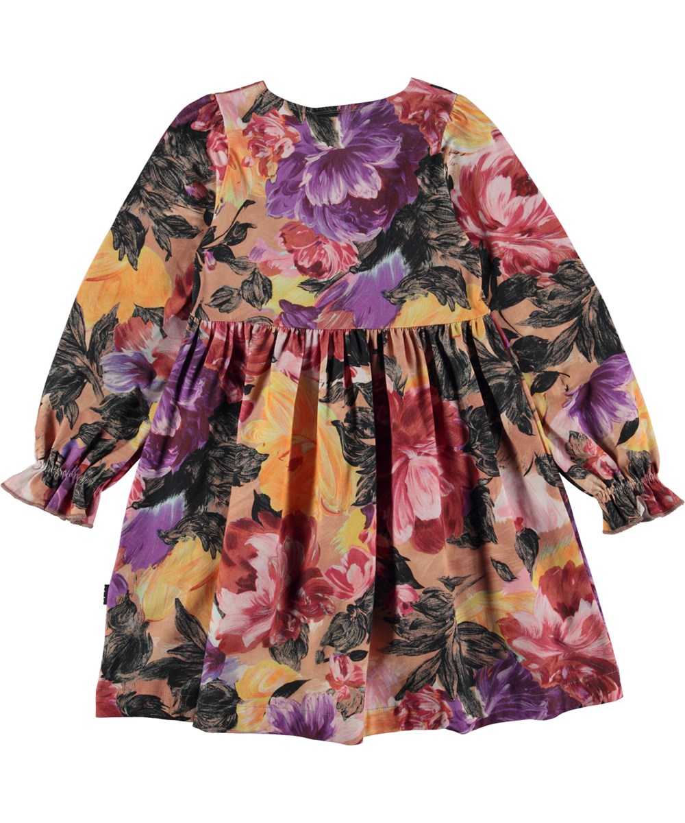 Camie - Artist Flowers - Knielanges Öko-Kleid in Rosa und Lila mit durchgehendem Blumendruck