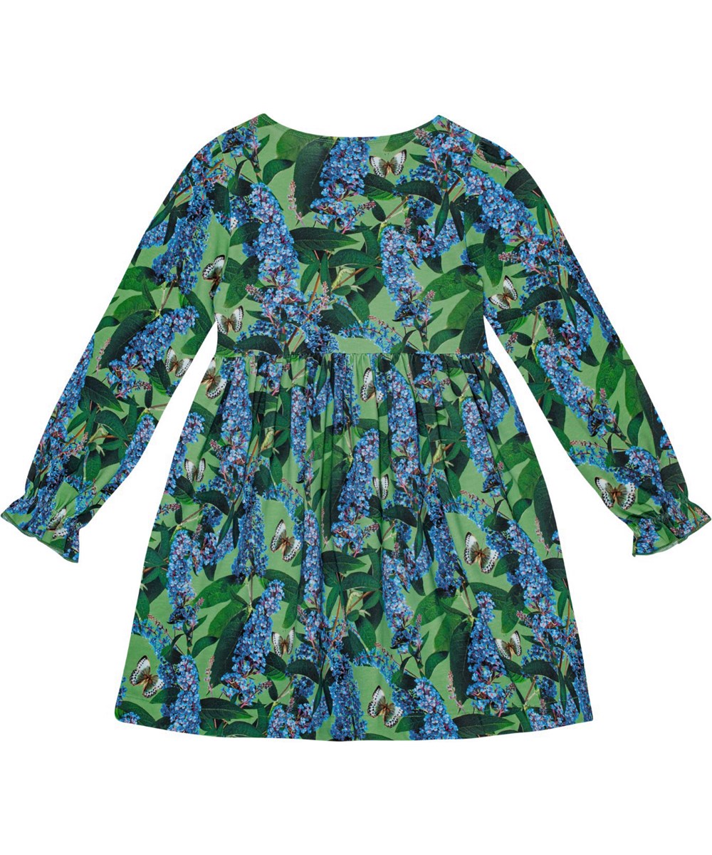 Camie - Buddleja Garden - Locker sitzendes grünes Kleid aus Öko-Baumwolle mit Rüschenärmeln und Schmetterlingsmuster.