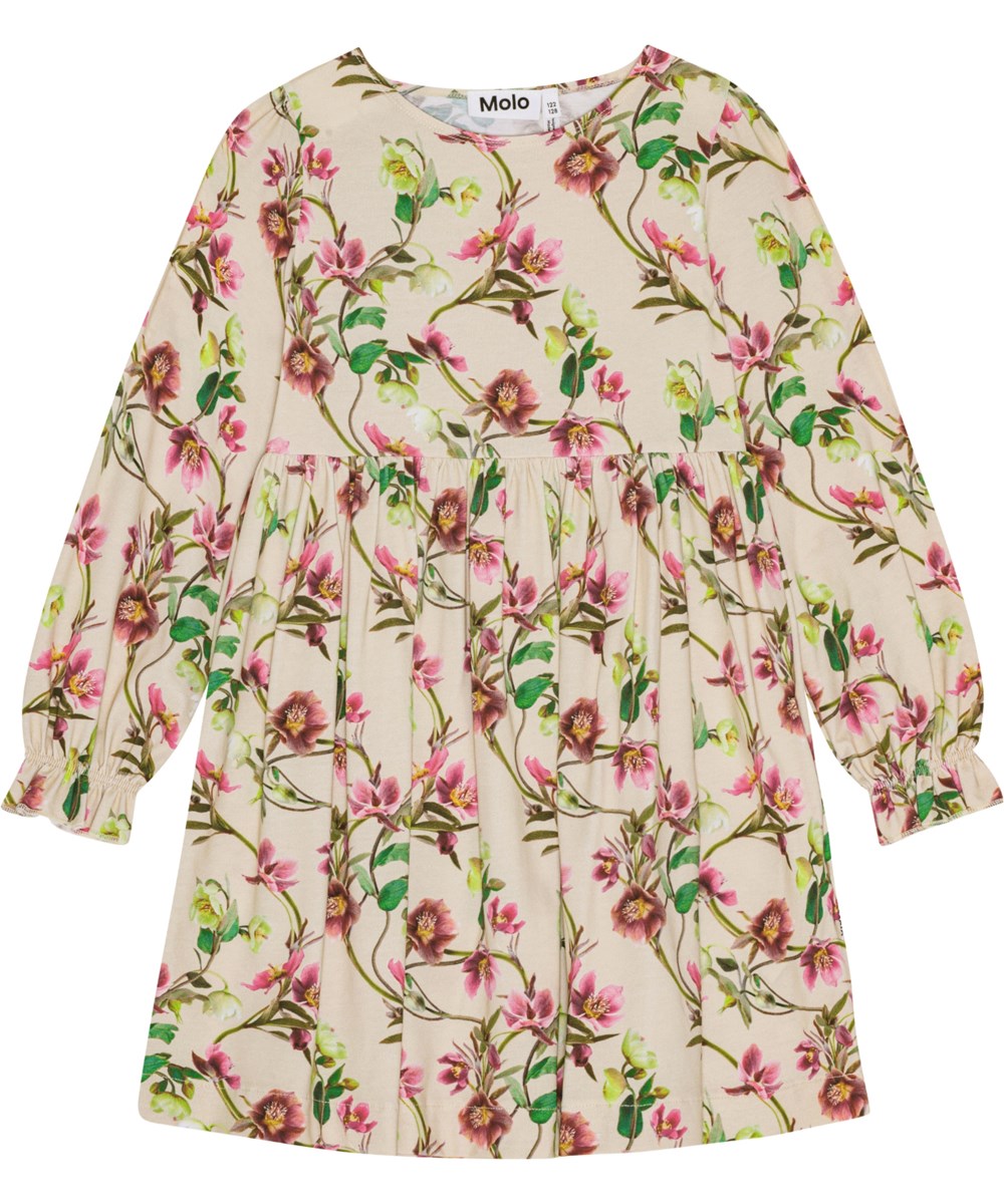 Camie - Hellebore - Off-weißes Jerseykleid aus Öko-Baumwolle mit einem all-over Blumenmuster.