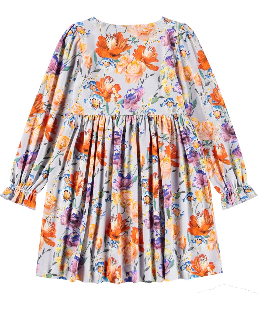 Camie - Paper Flowers - Hellvioletter Jerseykleid für Kinder aus Öko-Baumwolle mit einem bunten Blumenmuster.