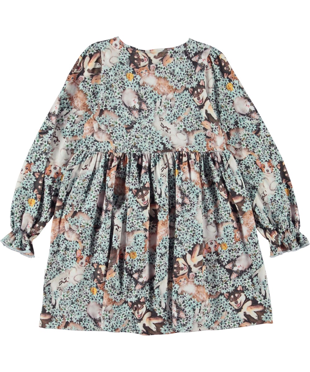 Camie - Park Life - Öko-Langarm-Jersey-Kleid mit blauem Blumen- und Tierbaby-Print