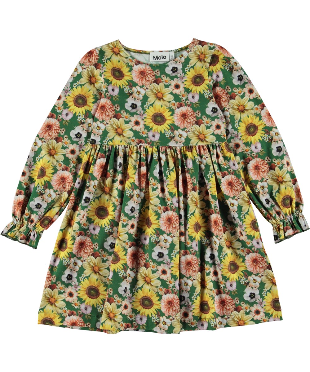 Camie - Vintage Floral - Grünes knielanges Öko-Kleid mit Allover-Blumendruck