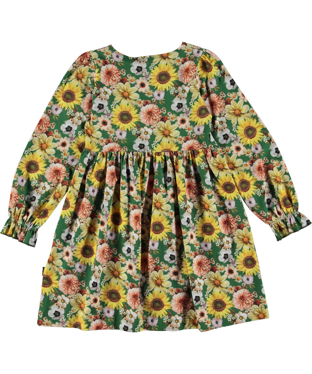 Camie - Vintage Floral - Grünes knielanges Öko-Kleid mit Allover-Blumendruck