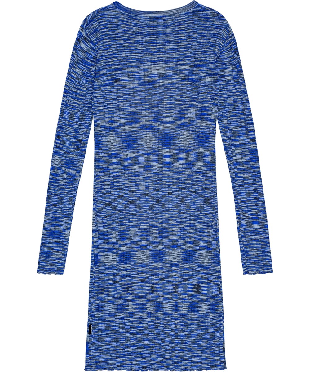 Camille - Blue Mouliné - Eng anliegendes, dehnbares Midi-Kleid mit langen Ärmeln.