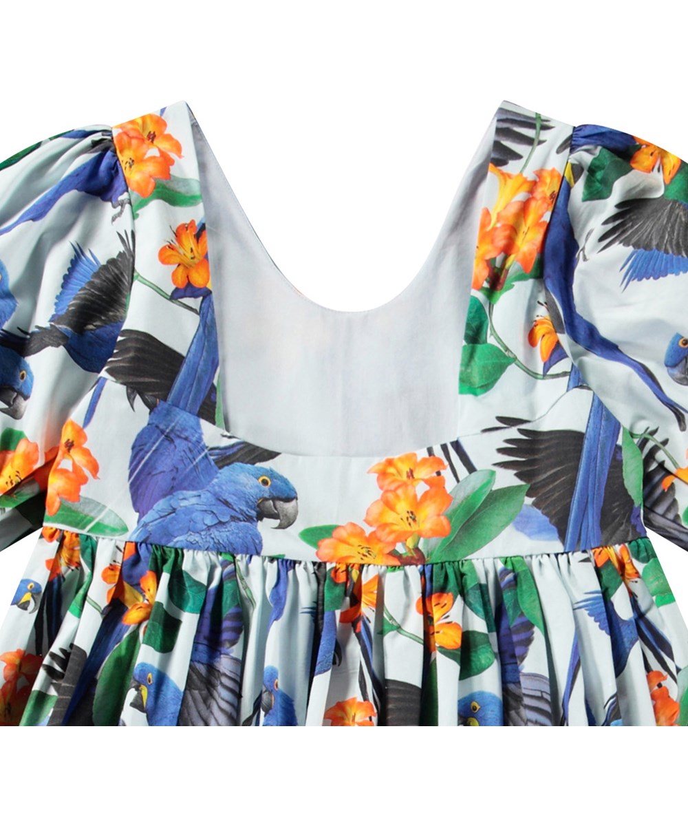 Camilo - Macaws Blue - Hellblaues knielanges Kleid für Kinder aus Öko-Baumwolle mit einem runden Ausschnitt und einem tiefen quadratischen Schnitt im Rücken.