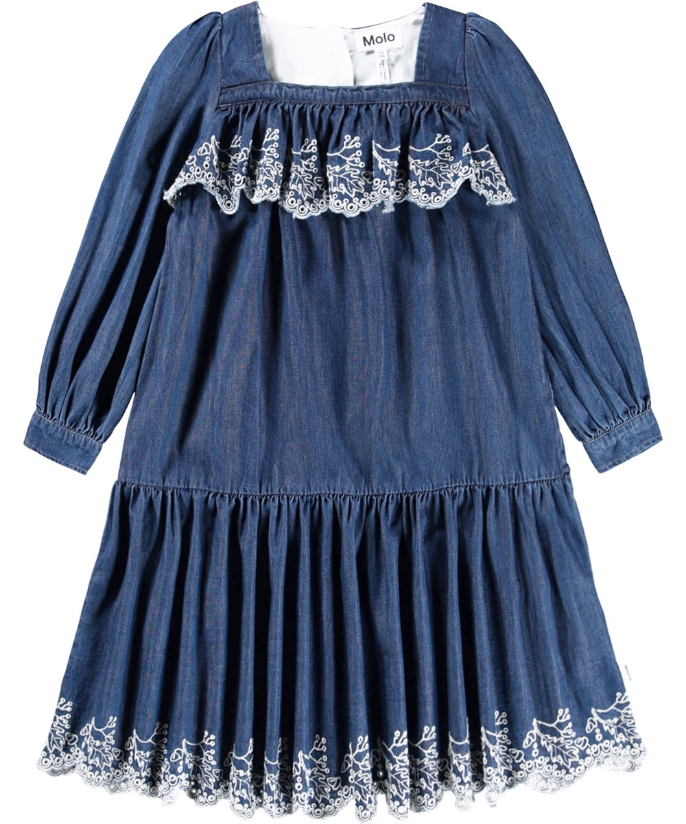 Camitty - Oak Embroidery - Langärmeliges blaues Kleid für Kinder aus Öko-Baumwoll-Chambray.