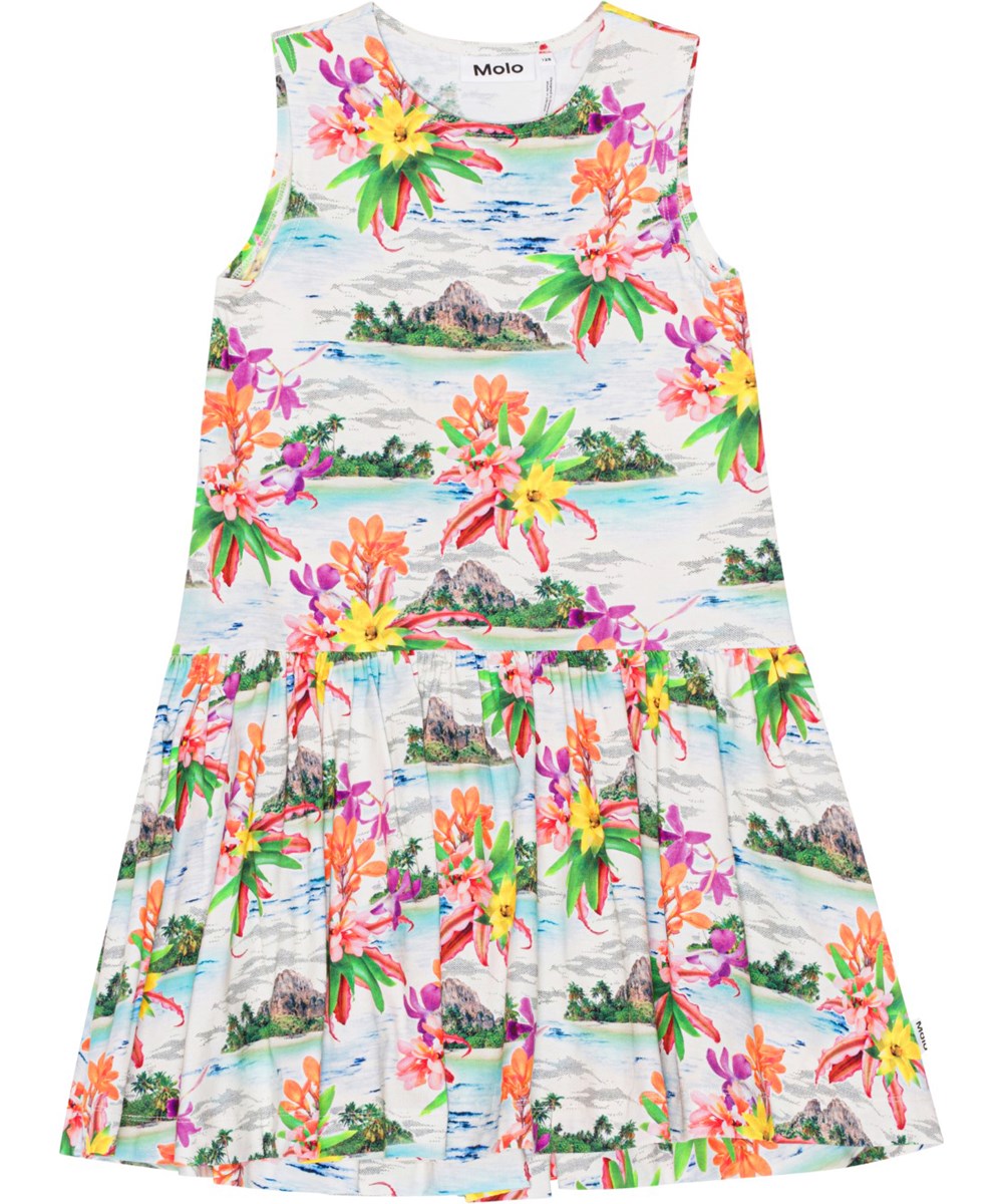 Candece - Tropical Islands - Weißes Kleid aus Öko-Baumwolle mit einem Aufdruck aus Inseln und Palmen
