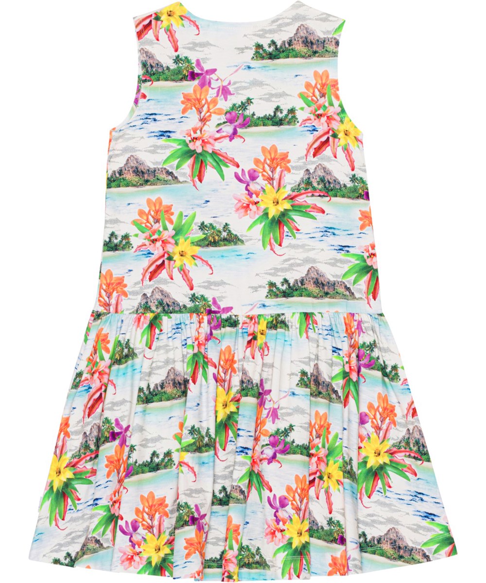 Candece - Tropical Islands - Weißes Kleid aus Öko-Baumwolle mit einem Aufdruck aus Inseln und Palmen