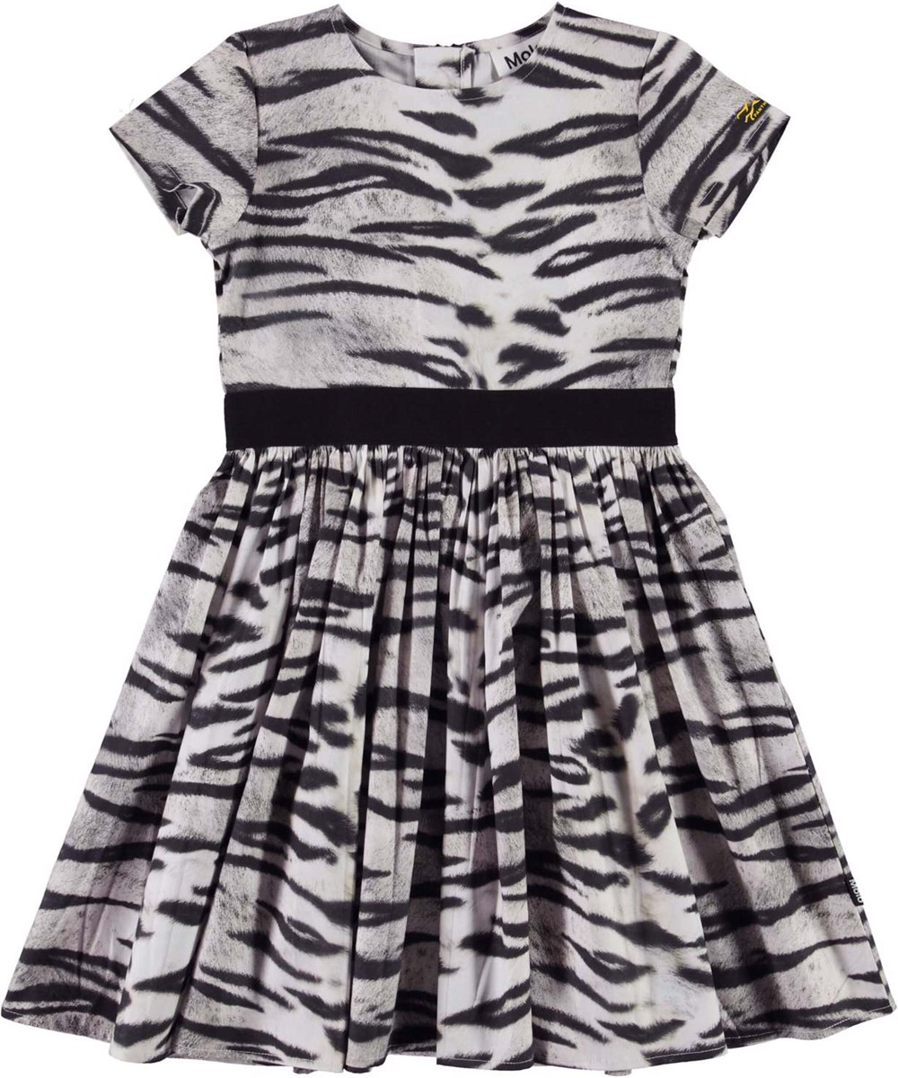 Candy - Tiger White - Öko-Kurzarmkleid mit schwarz-weißem Tiger-Print
