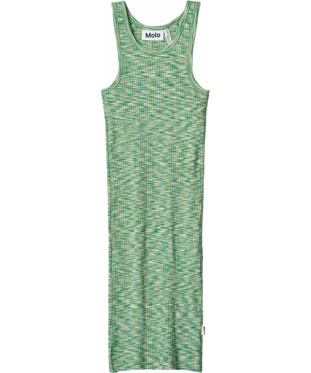 Canna - Green Mouliné - Grünes knielanges Trägerkleid für Kinder aus dehnbarem Öko-Baumwollripp mit breiten Trägern und rundem Ausschnitt.