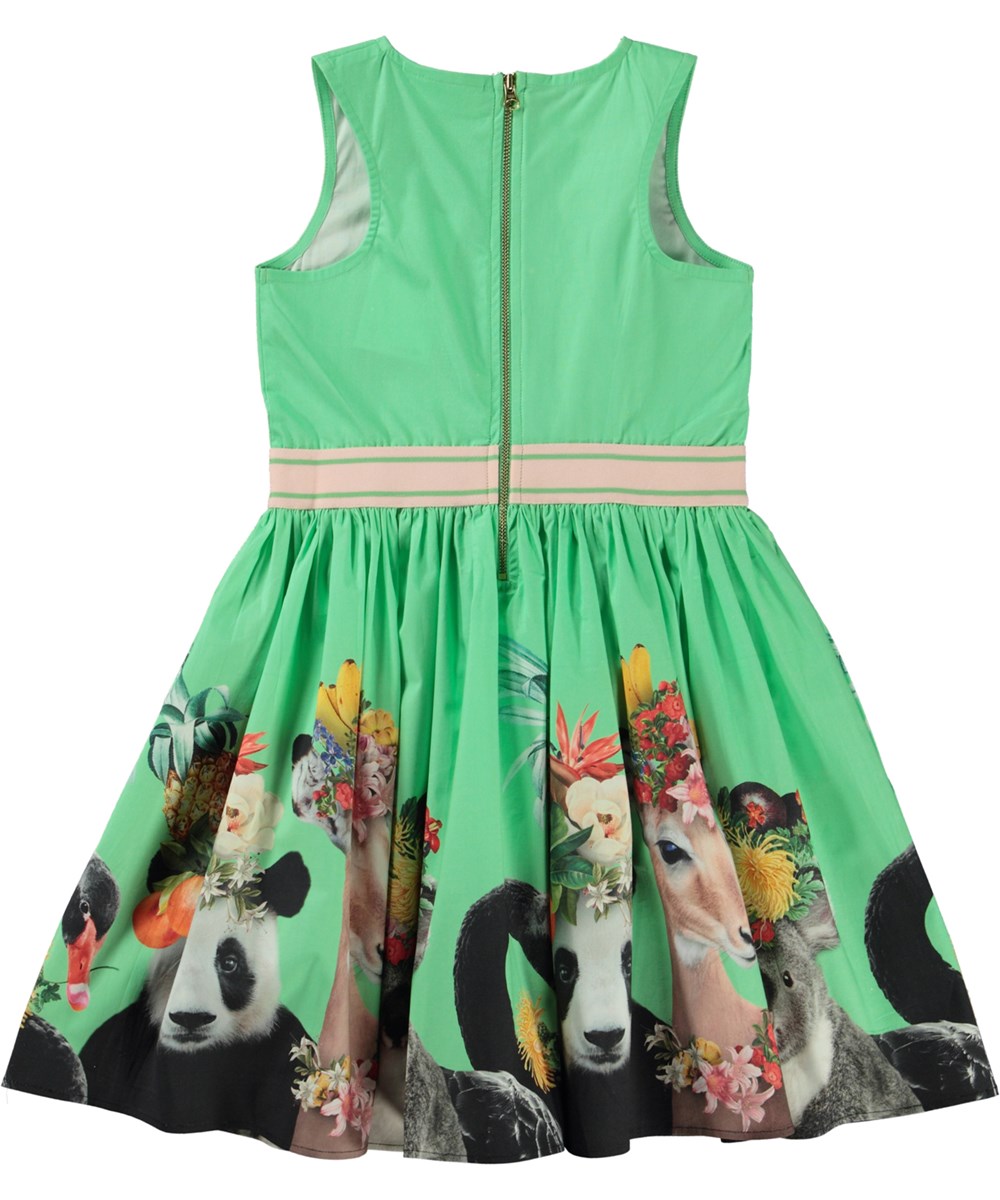 Carli - Fruitilicious - Grünes, ärmelloses Öko-Kleid mit tropischem Tiere-Print