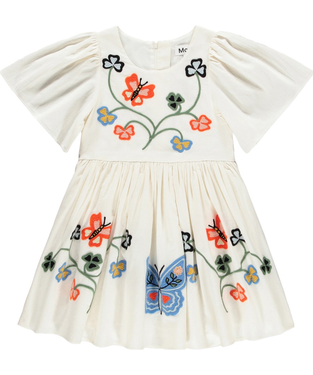 Carlin - Nature Border - Off-White-Kleid für Kinder aus Öko-Baumwolle mit Schmetterlingsstickerei