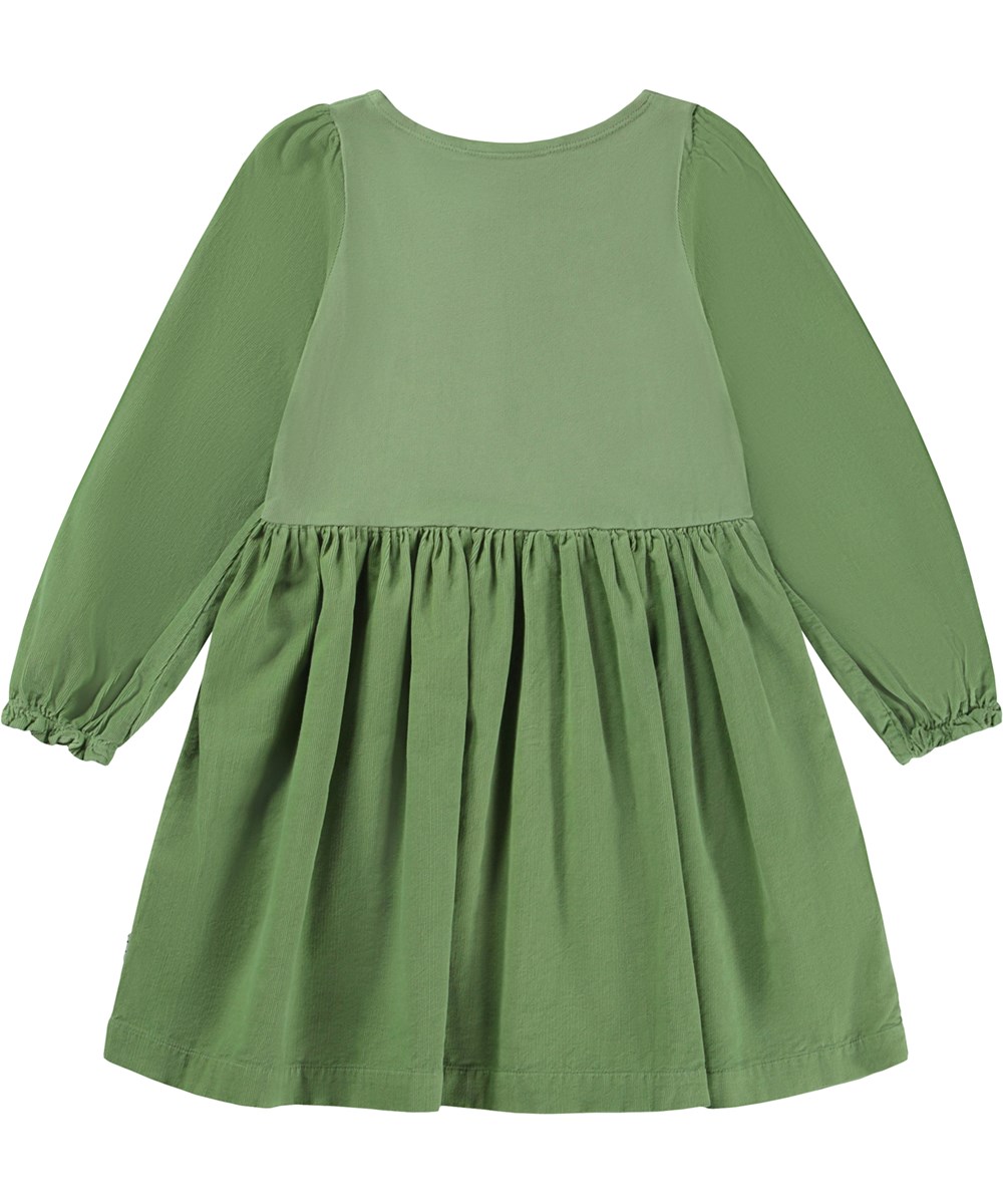 Caro - Moss Green - Grünes knielanges Öko-Kleid mit Ärmeln und Rock aus geripptem Samt