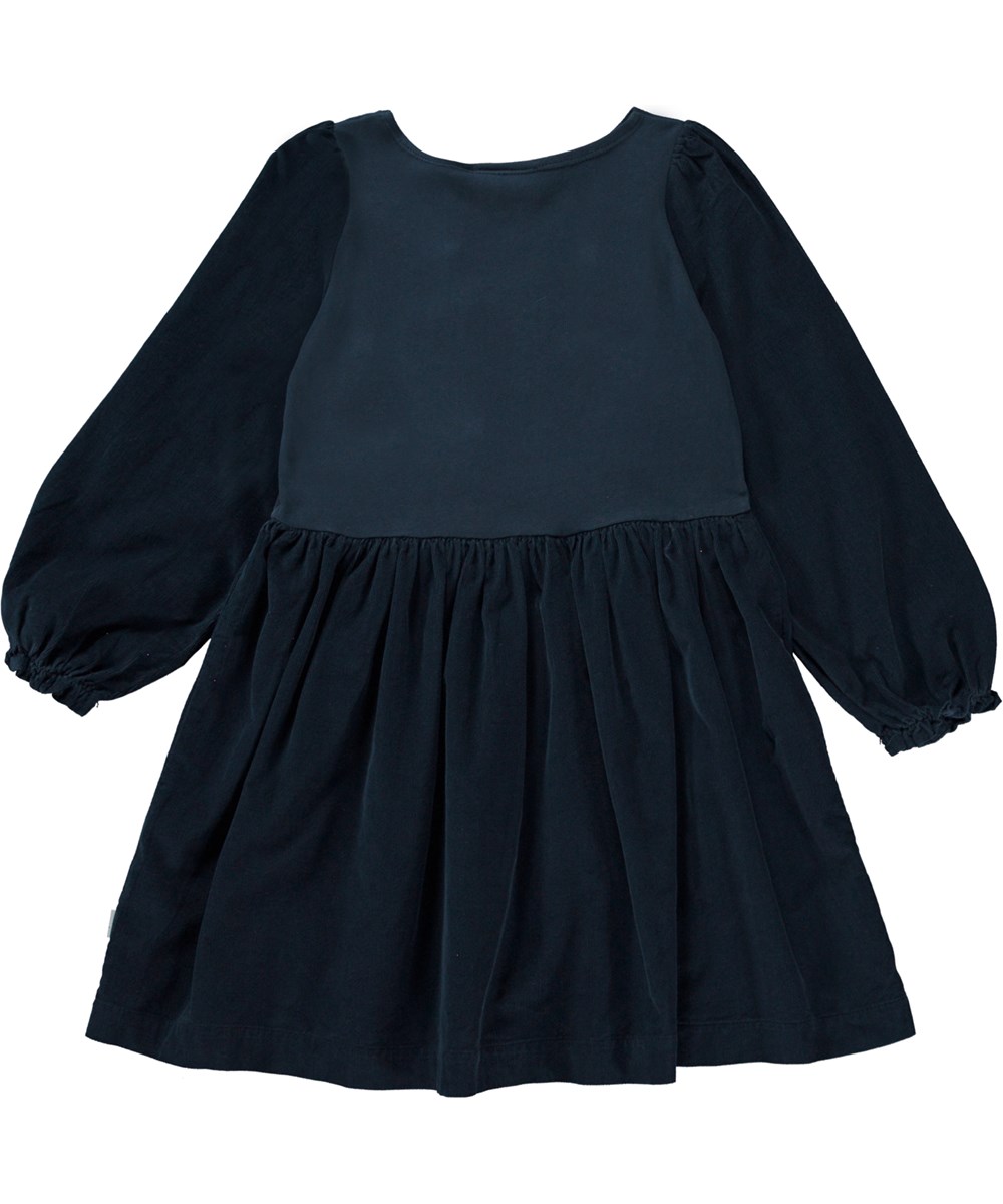 Caro - Navy Sky - Dunkelblaues, knielanges Öko-Kleid mit Ärmeln und Rock aus geripptem Samt