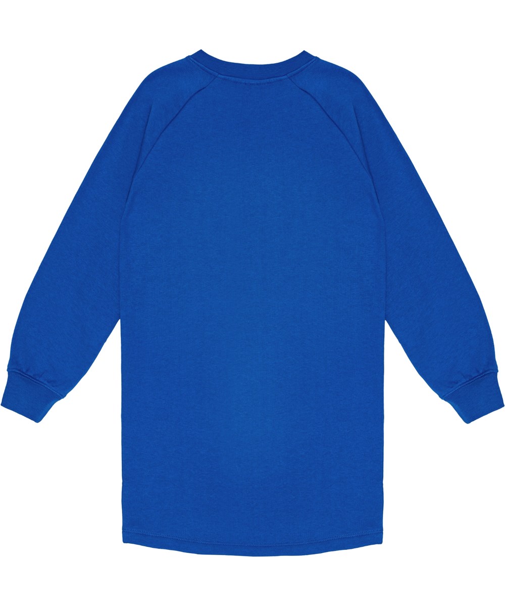 Carola - Lapis Blue - Weiches blaues Jerseykleid mit lockerer Passform, gerippten Kanten und aufgesticktem lächelndem Gesicht.