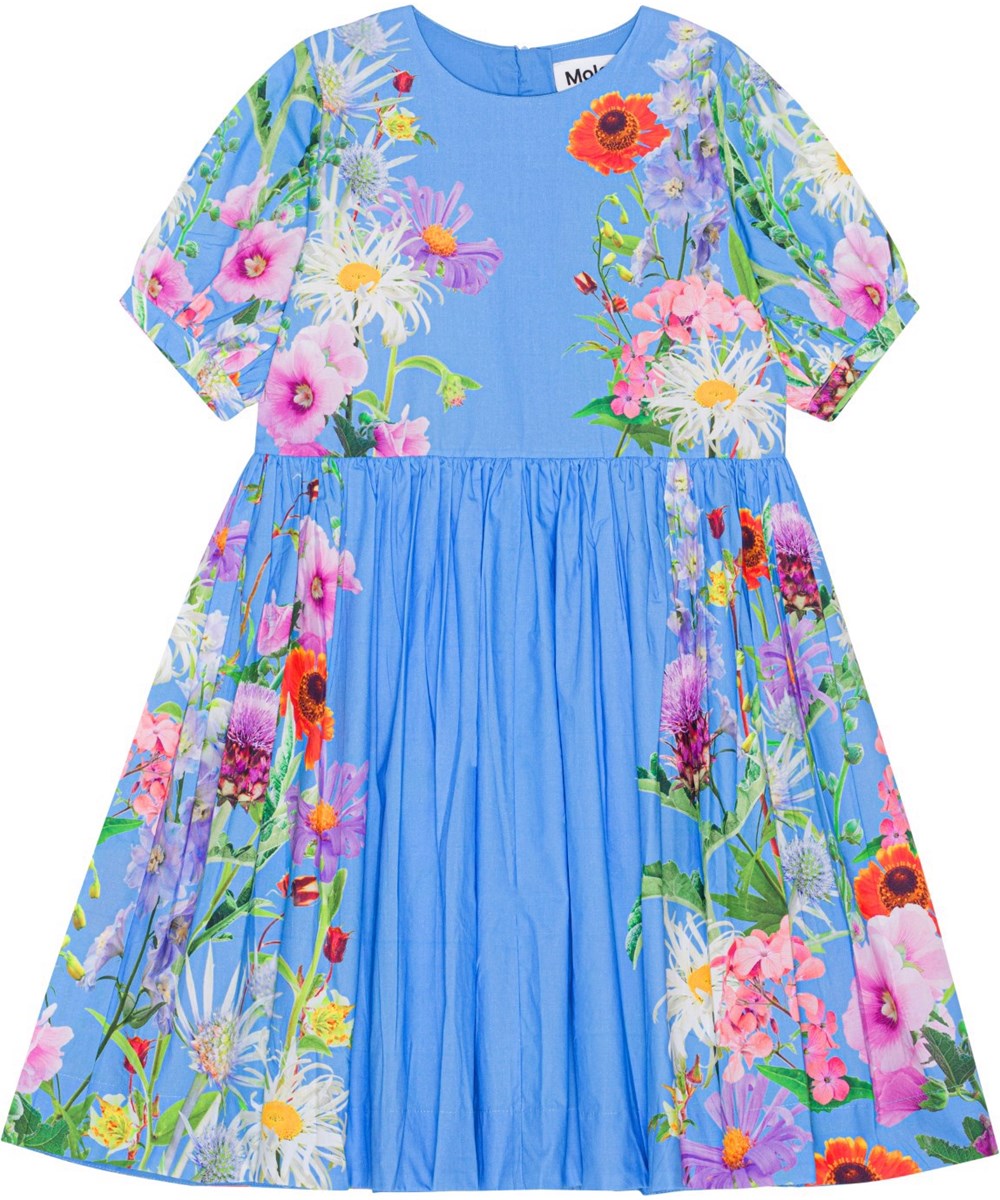 Casey - Blue Garden - Blaues Kleid aus Öko-Baumwolle mit Blumendruck