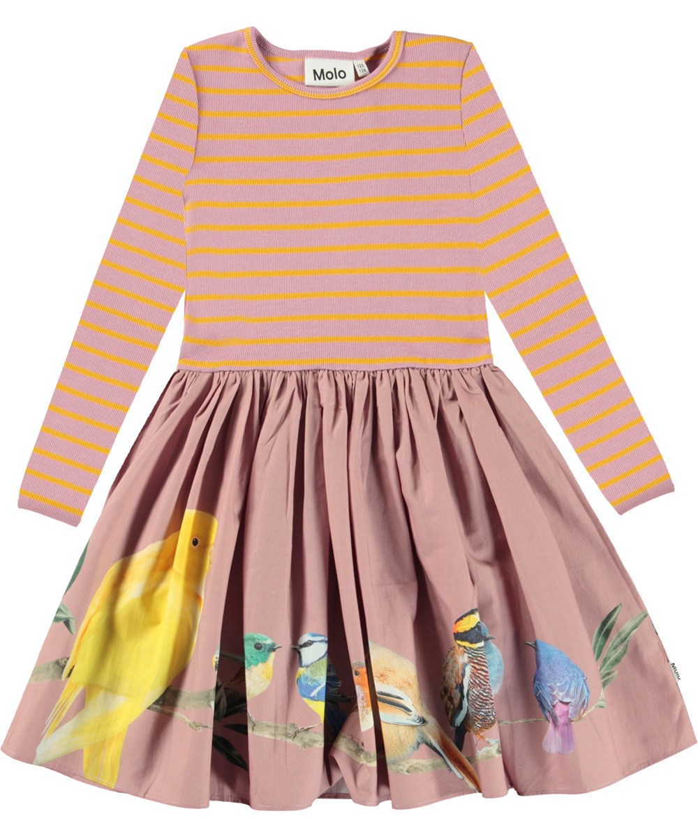 Casie - Bird Planets - Helllillas Öko-Kleid mit Vogelaufdruck