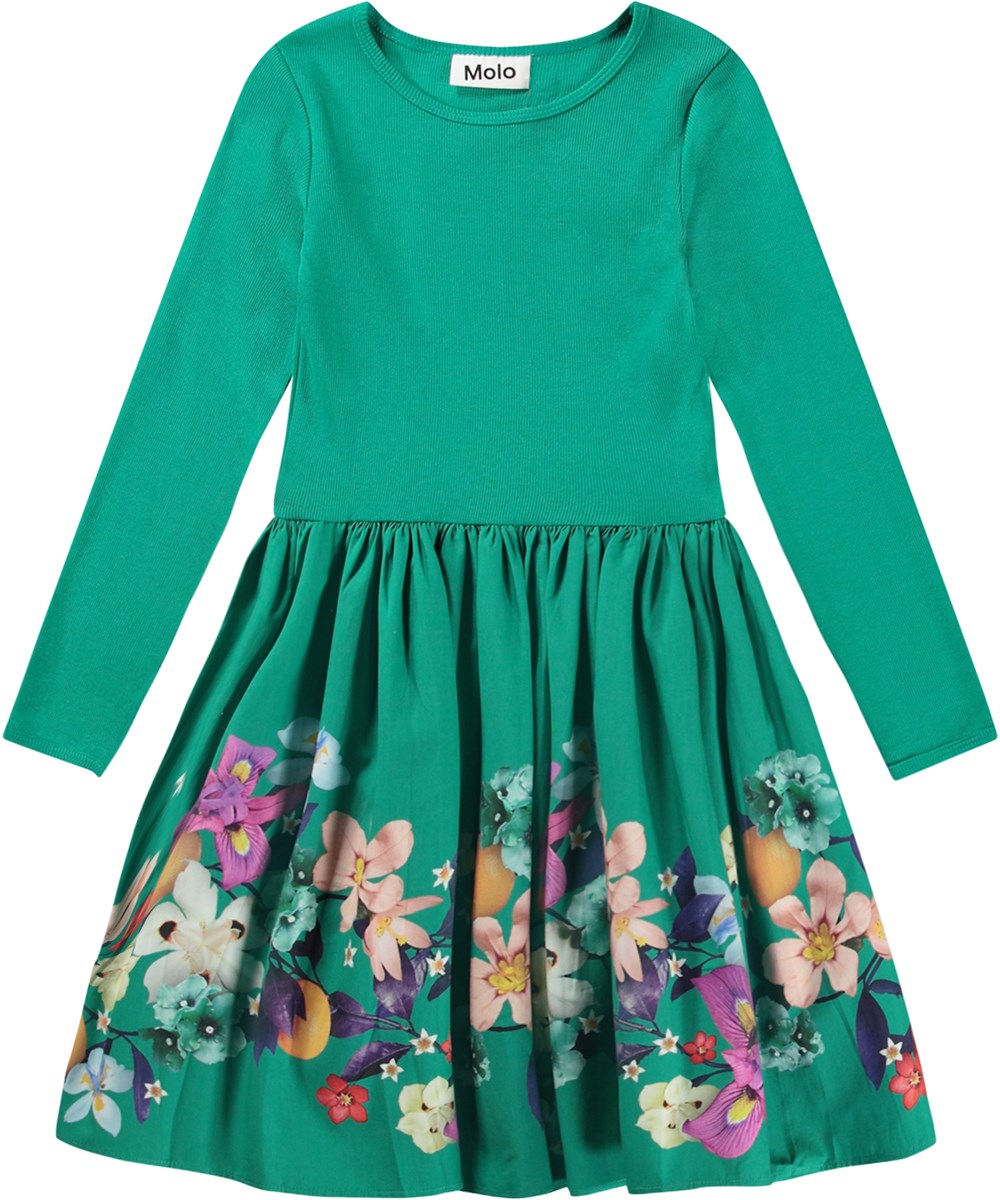 Casie - Colourful Garden - Grünes Öko-Baumwollkleid mit eng anliegendem geripptem Oberteil und Blumenmuster.