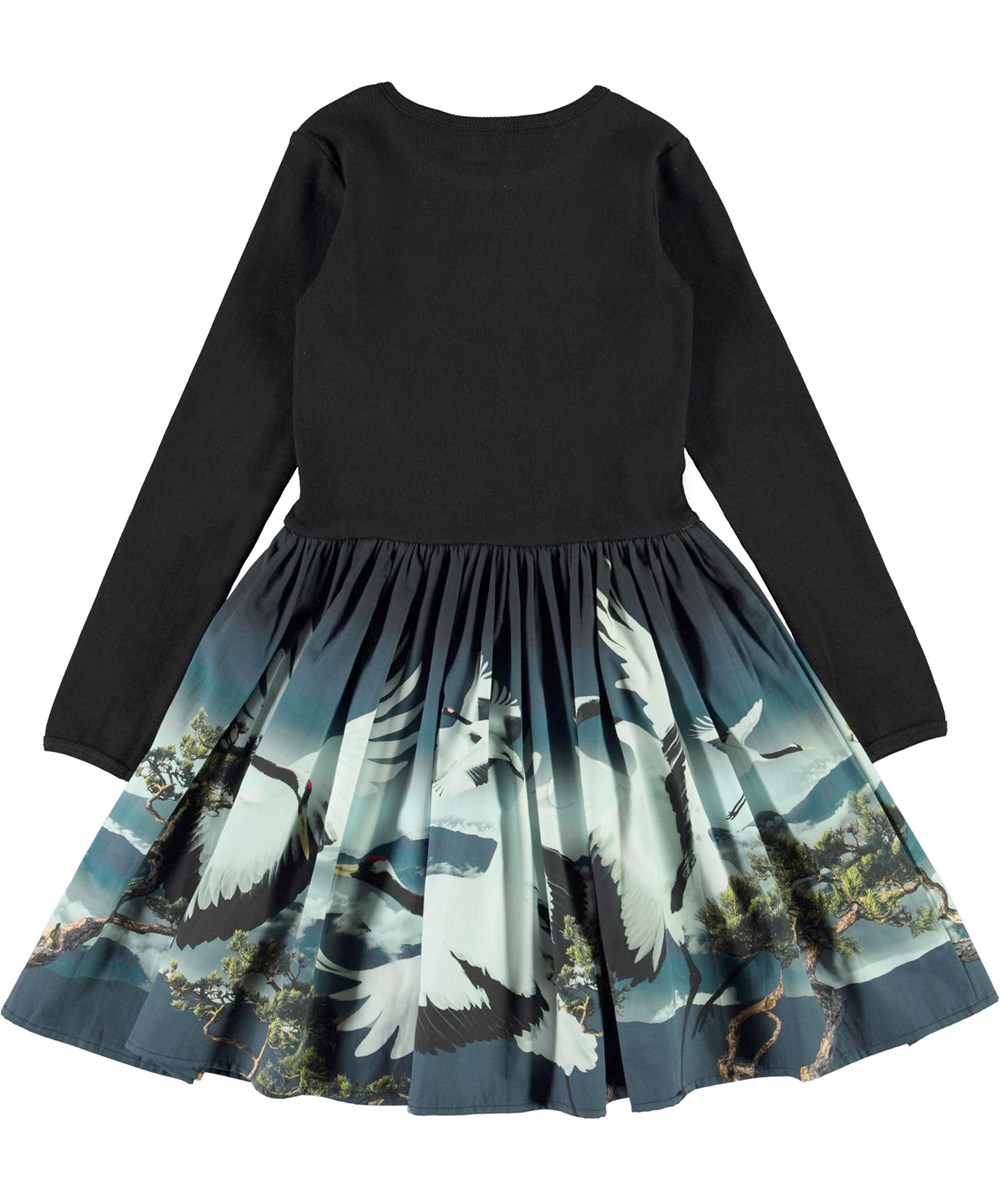Casie - Cranes - Schwarzes Öko-Kleid mit Vogeldruck
