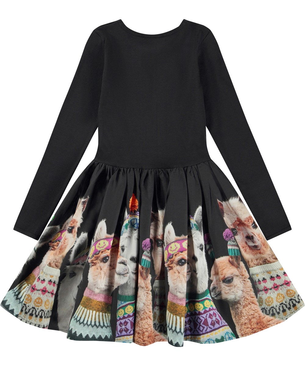 Casie - Family Photo - Schwarzes, knielanges Öko-Kleid mit bedrucktem Rock aus Popeline