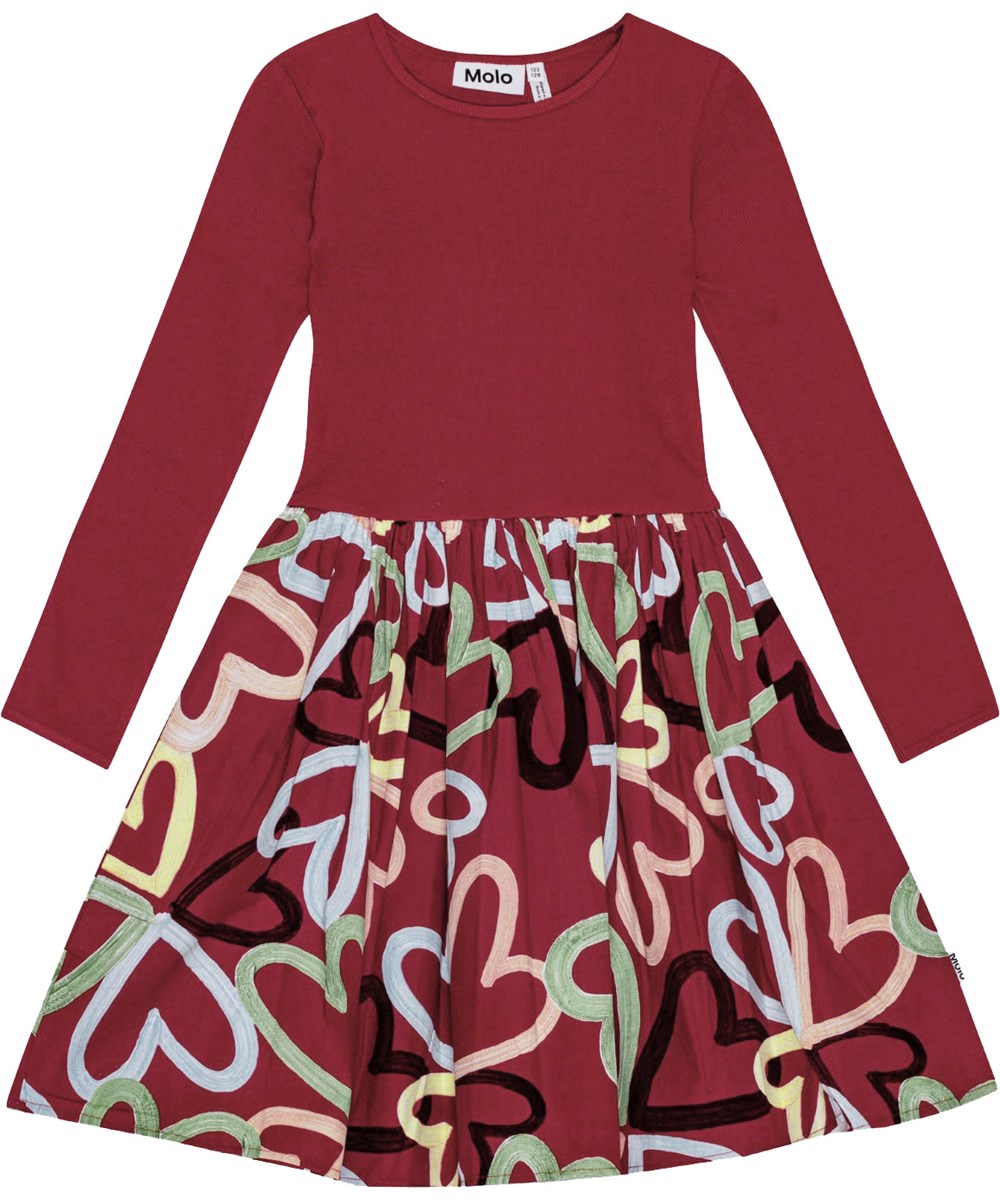 Casie - Flutters Of Love - Bordeaux-Kleid aus Öko-Baumwolle mit handbemaltem Herzdruck.