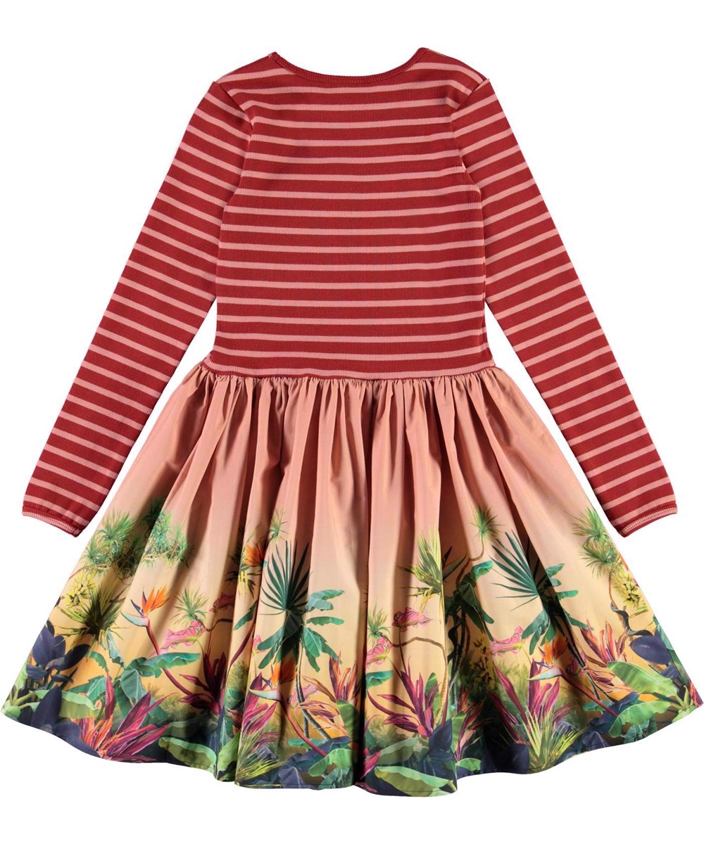 Casie - Jungle Border - Organisches rot-Rosaes Kleid mit Pflanzendruck