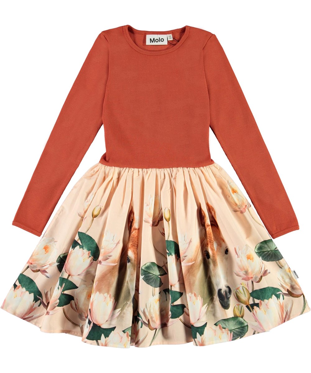 Casie - Little Foal - Öko rotes Kleid mit Fohlen und Seerosen