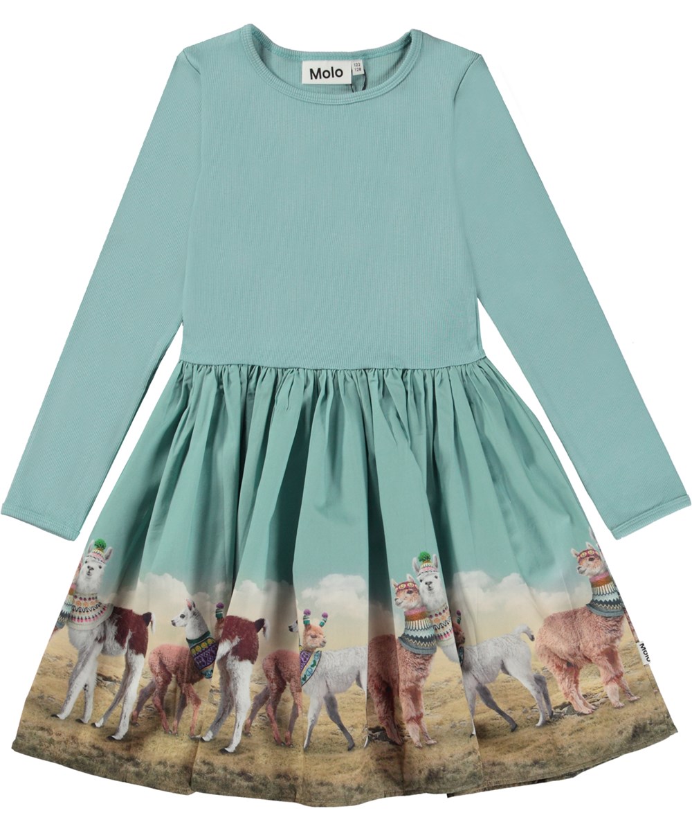 Casie - Out And About - Hellblaues, knielanges Öko-Kleid mit bedrucktem Rock aus Popeline