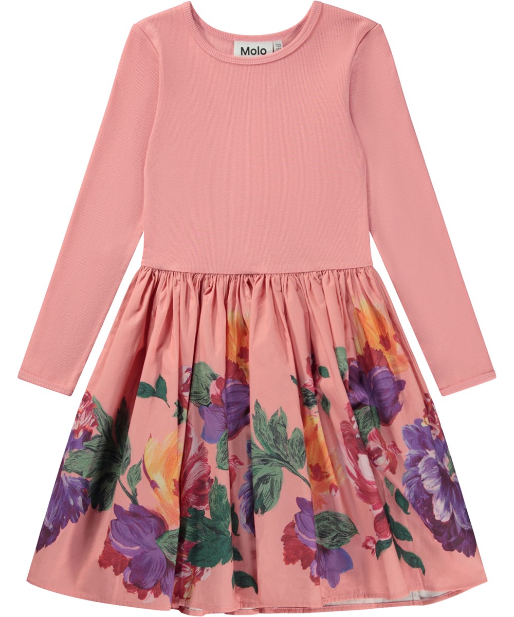 Casie - Painted Border - Pinkfarbenes knielanges Öko-Kleid mit bedrucktem Rock aus Popeline